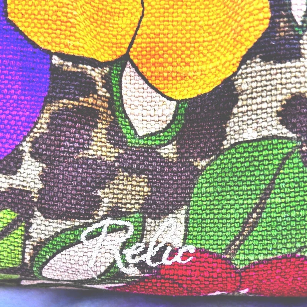 Relic Floral Canvas Satchel Purse Wood Handle Pockets Faux Leather Trim Zip Snap
